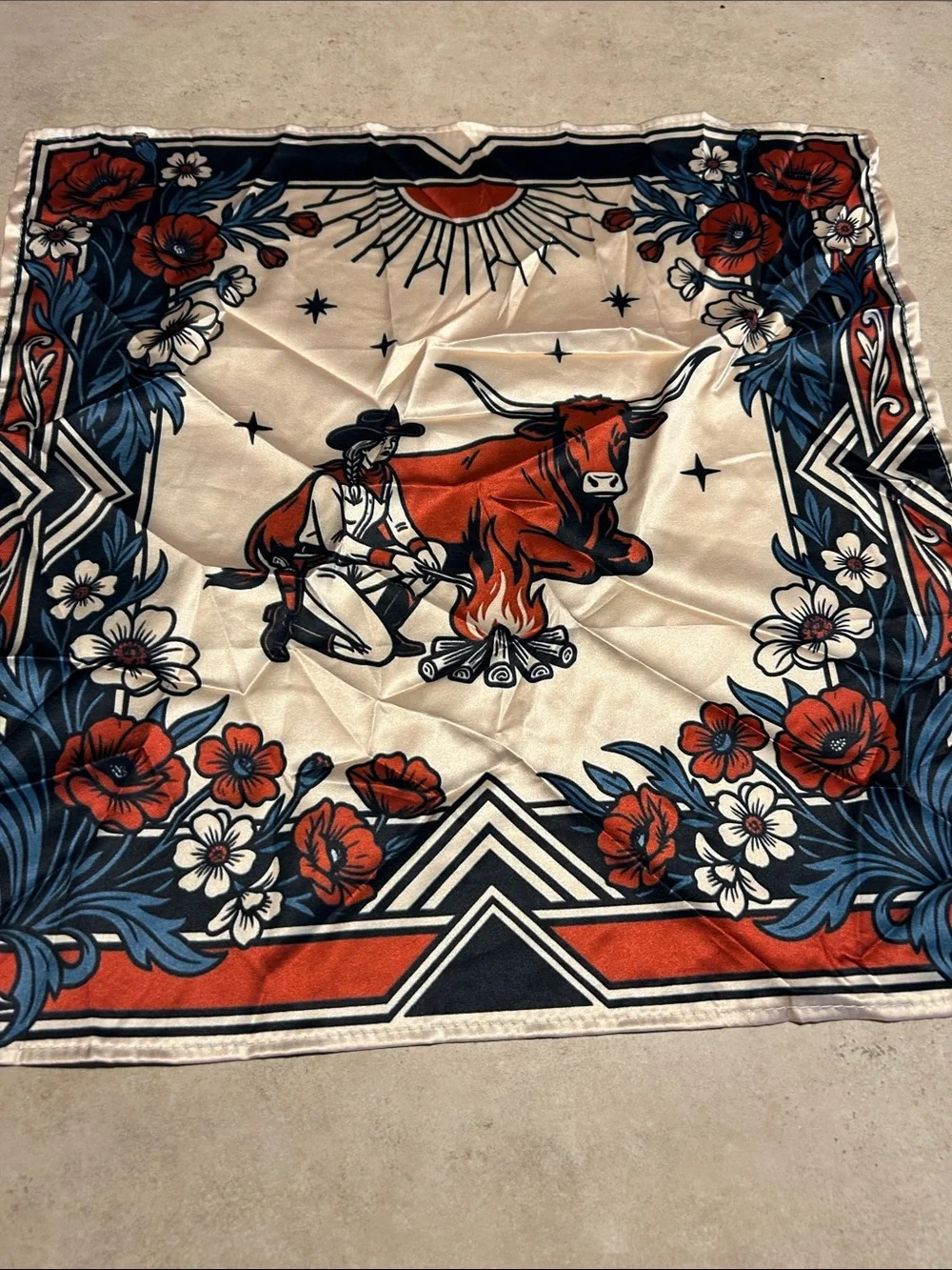 Western Cowboy and Longhorn Bandana Scarf - Red, Navy, Cream